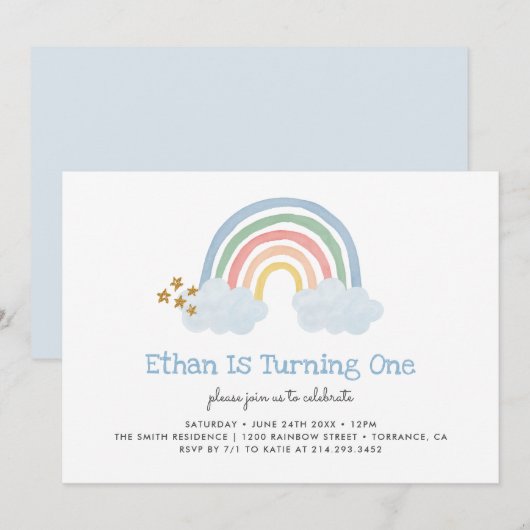 Pastel Blue Pastel Rainbow 1e verjaardag Uitnodigi Kaart (Voorkant / Achterkant)