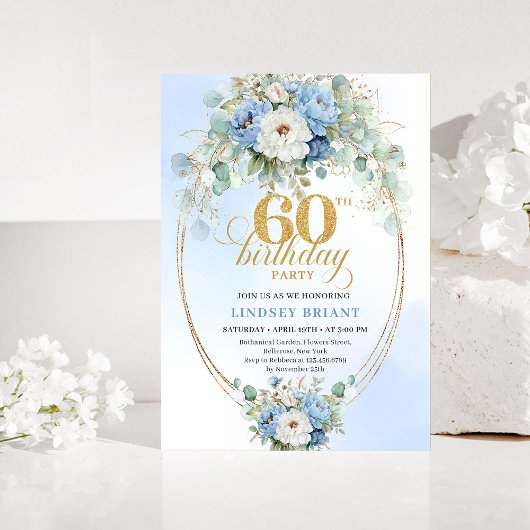 Pastel Blue Peonies Gold 60th Birthday Invitation Kaart