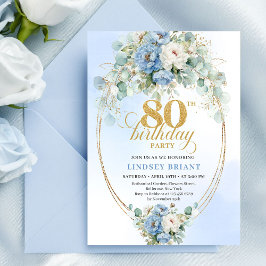 Pastel Blue Peonies Greenery Boho 80th Invite Kaart