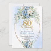 Pastel Blue Peonies Greenery Boho 80th Invite Kaart (Voorkant)