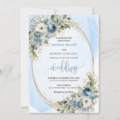 Pastel Blue Peonies Greenery Gold Wedding Invite Kaart (Voorkant)