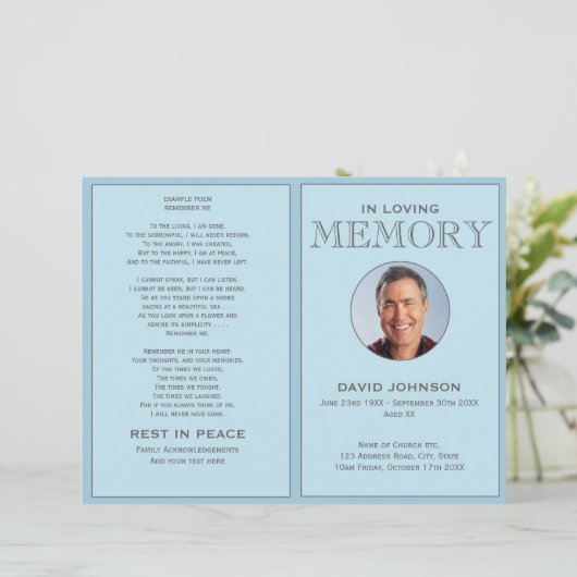 Pastel Blue Photo Order of Service Funeral Program (Staand voorkant)
