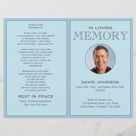 Pastel Blue Photo Order of Service Funeral Program (Voorkant)