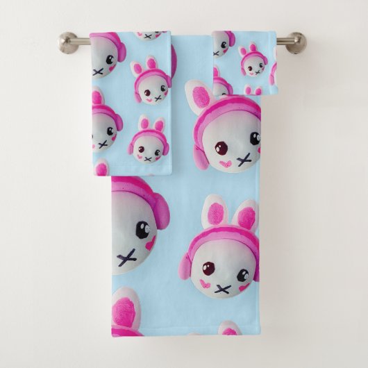 Pastel Blue & Pink Cartoon Bunny Towel Bad Handdoek (Insitu)