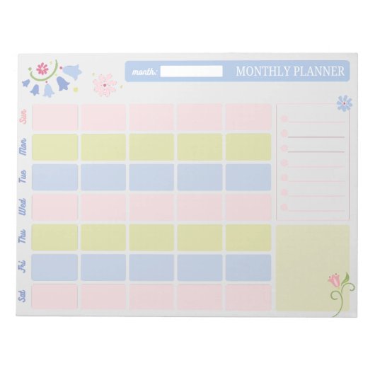 Pastel Blue Pink Cute Monthly Planner Notepad 11x8 Notitieblok (Voorkant)