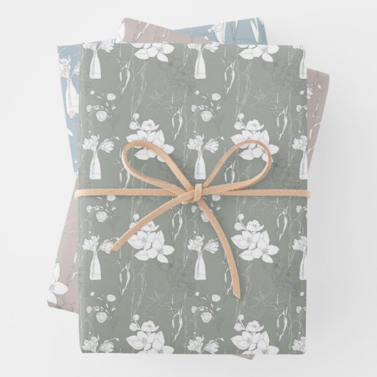 Pastel Blue Pink en Grey Vase of Flowers Inpakpapier Vel (In situ)