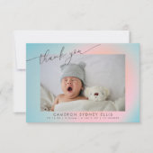 Pastel Blue Pink Gradient Script Baby Birth Foto Bedankkaart (Voorkant)