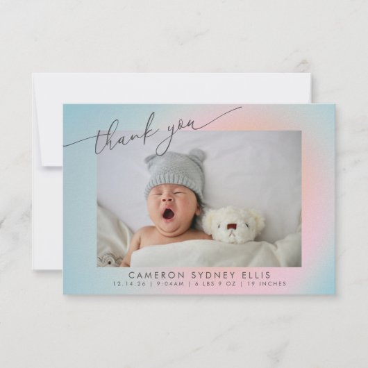 Pastel Blue Pink Gradient Script Baby Birth Foto Bedankkaart (Voorkant)