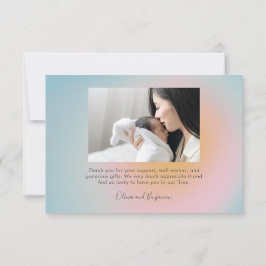 Pastel Blue Pink Gradient Script Baby Birth Foto Bedankkaart (Achterkant)