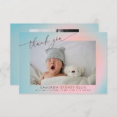 Pastel Blue Pink Gradient Script Baby Birth Foto Bedankkaart (Voorkant / Achterkant)