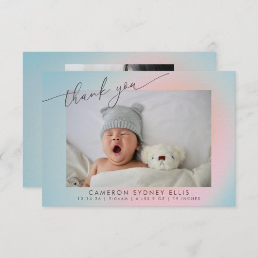 Pastel Blue Pink Gradient Script Baby Birth Foto Bedankkaart (Voorkant / Achterkant)