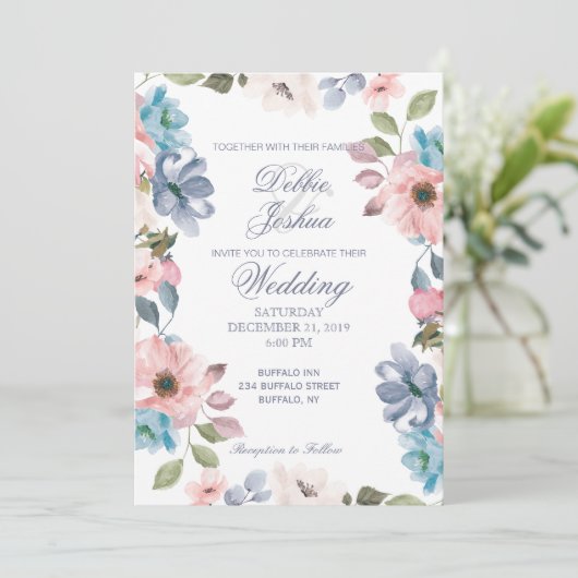 Pastel Blue Pink Paars Flower Weddenschap Kaart (Staand voorkant)