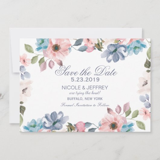 Pastel Blue Pink Paars Weddenschap Save the Date (Voorkant)
