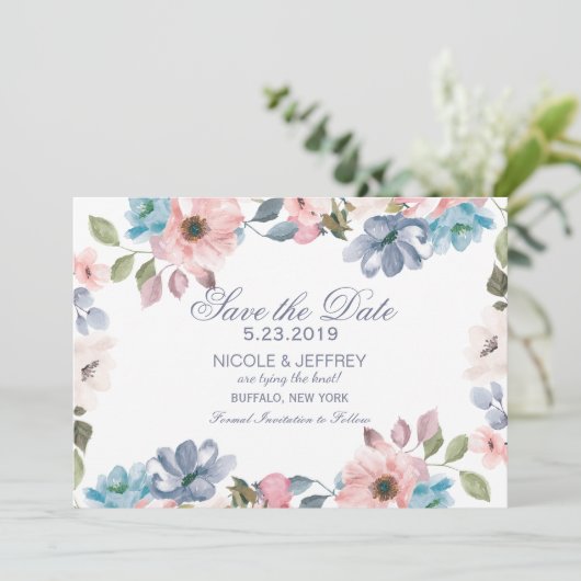Pastel Blue Pink Paars Weddenschap Save the Date (Staand voorkant)