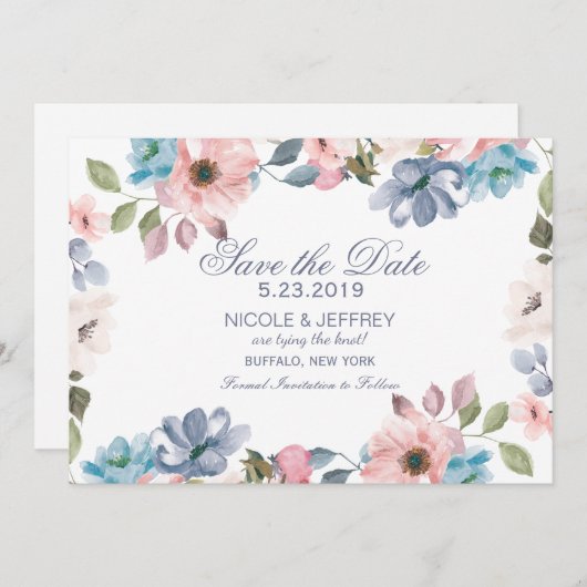 Pastel Blue Pink Paars Weddenschap Save the Date (Voorkant / Achterkant)