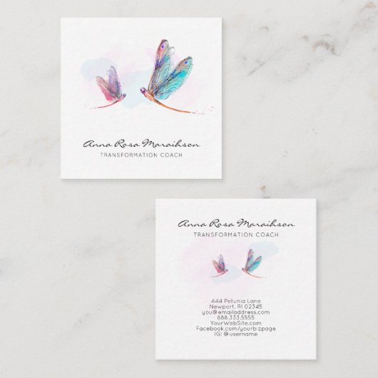 *~* Pastel Blue Pink Waterverf Dragonfly Business Vierkante Visitekaartje (Voorkant / Achterkant)