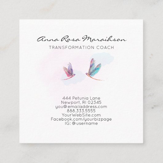 *~* Pastel Blue Pink Waterverf Dragonfly Business Vierkante Visitekaartje (Achterkant)