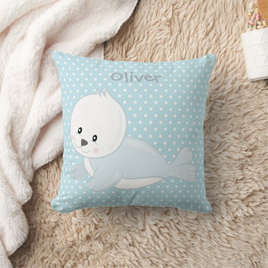 Pastel Blue Polka-Dot Baby Arctic Seal Monogram Kussen (Deken)
