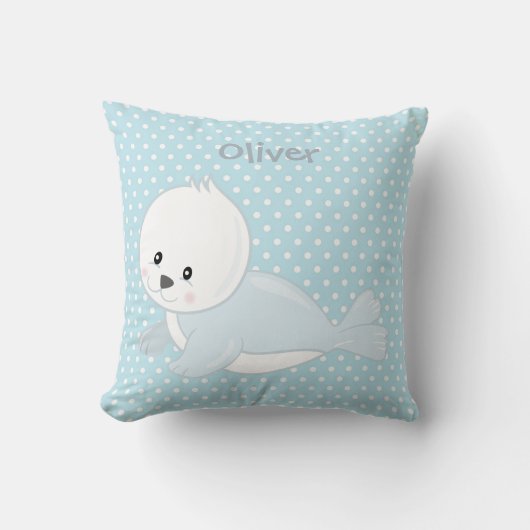 Pastel Blue Polka-Dot Baby Arctic Seal Monogram Kussen (Voorkant)
