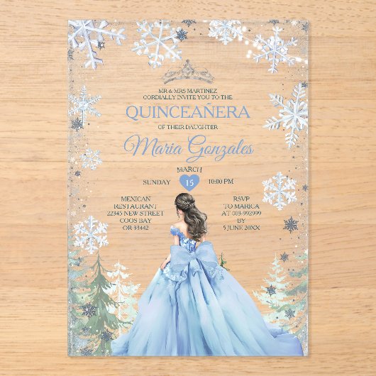 Pastel Blue Princess Winter Forest Quinceañera Acryl Uitnodigingen (Voorkant)