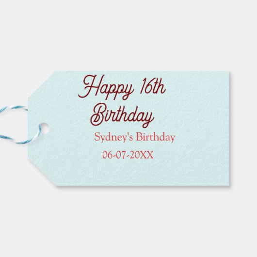 Pastel blue red happy 16th birthday name date eleg cadeaulabel (Achterkant Horizontaal)
