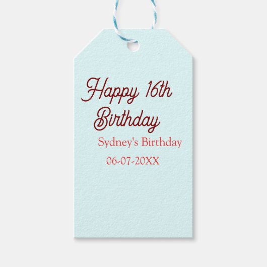 Pastel blue red happy 16th birthday name date eleg cadeaulabel (Voorkant)