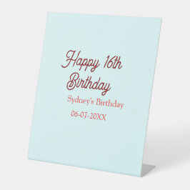 Pastel blue red happy 16th birthday name date eleg reclamebord met voetstuk