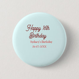 Pastel blue red happy 16th birthday name date eleg ronde button 5,7 cm