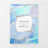 Pastel Blue Silver Agate Marble QR Code Weddenscha Drieluik Uitnodiging (Cover)