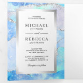 Pastel Blue Silver Agate Marble QR Code Weddenscha Drieluik Uitnodiging (Binnenzijde eerst)