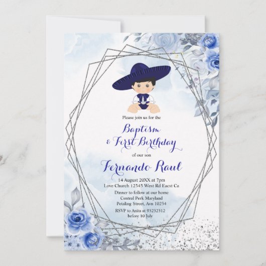 Pastel Blue Silver Fiesta Boy Baptisme Birthday Kaart (Voorkant)