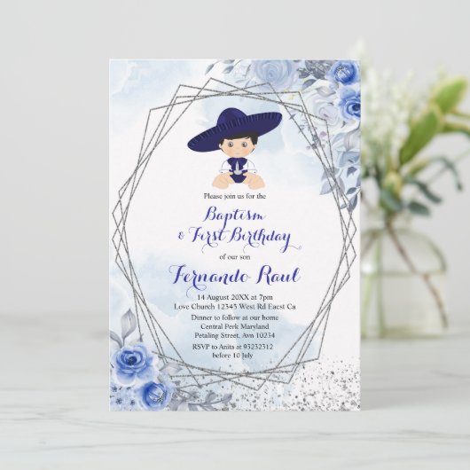 Pastel Blue Silver Fiesta Boy Baptisme Birthday Kaart (Staand voorkant)
