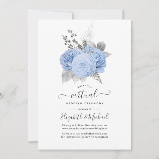 Pastel Blue & Silver  Roos Virtual Weddenschap Kaart (Voorkant)