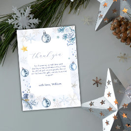 Pastel Blue Snowflake Floral Winter Baby Shower  Bedankkaart