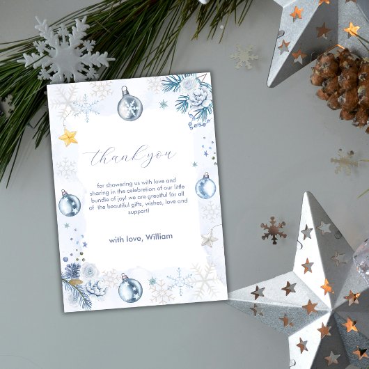 Pastel Blue Snowflake Floral Winter Baby Shower  Bedankkaart