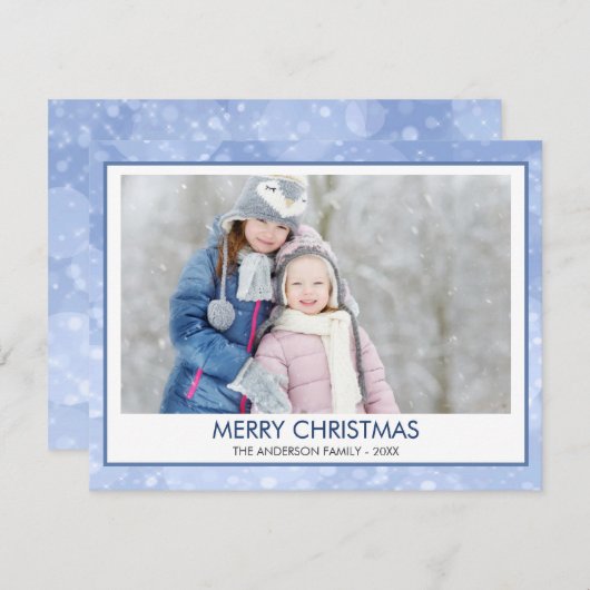 Pastel Blue Sparkle Snow Bokeh Kerstfoto Feestdagenkaart (Voorkant / Achterkant)