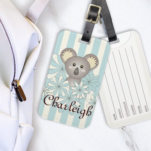 Pastel Blue Stripe Cute Baby Koala Kinder Bagagelabel
