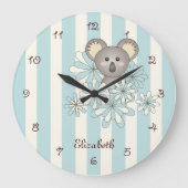 Pastel Blue Stripe Schattige Koala Kwekerij / Kind Grote Klok (Voorkant)