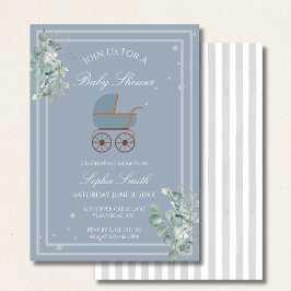 Pastel Blue Stripes Baby Carriage Baby Shower Kaart