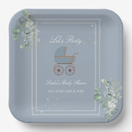 Pastel Blue Stripes Baby Carriage Baby Shower Papieren Bordje
