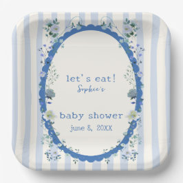 Pastel Blue Stripes Garden Floral Baby shower Papieren Bordje