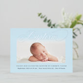 Pastel Blue Subtle Cross One Photo Baptisme Silver Folie Uitnodiging (Staand Voorkant)