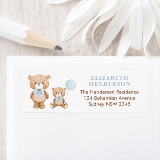 Pastel Blue Teddy Bear Ballonon Return Address Etiket (Insitu)