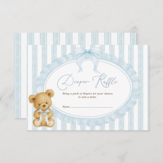 Pastel Blue Teddy Bear Luier Raffle Baby Boy Informatiekaartje (Voorkant / Achterkant)