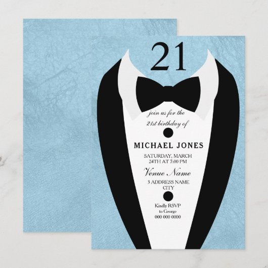 Pastel Blue Tuxedo Mannen 21st Birthday Party Invi Kaart (Voorkant / Achterkant)