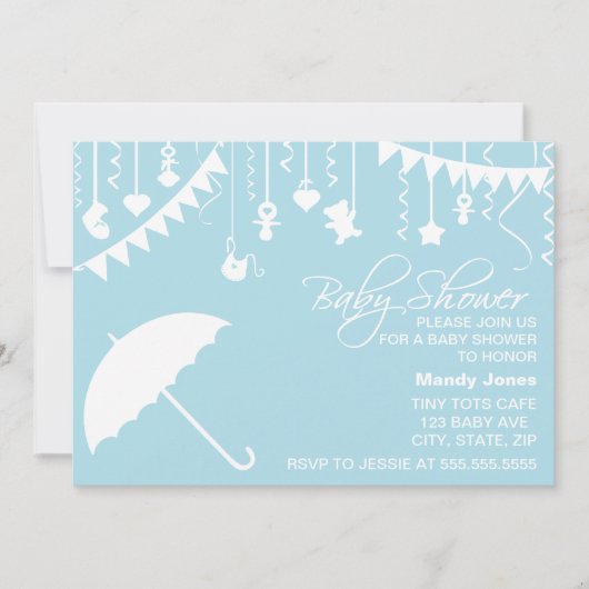 Pastel blue umbrella baby shower-uitnodiging kaart (Voorkant)