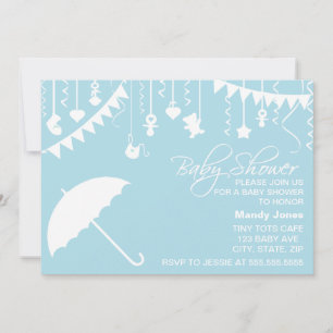 Pastel blue umbrella baby shower-uitnodiging kaart