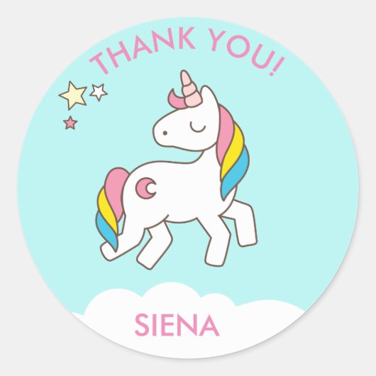 Pastel Blue Unicorn Birthday Party Dank je Ronde Sticker (Voorkant)
