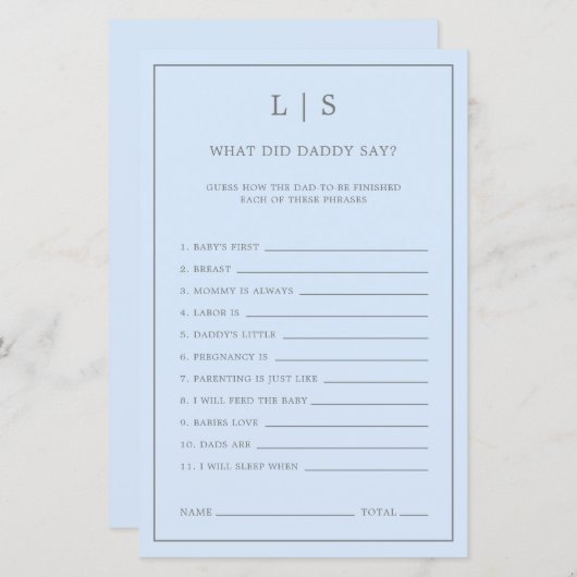 Pastel Blue wat papa zei over Baby shower Game (Voorkant / Achterkant)