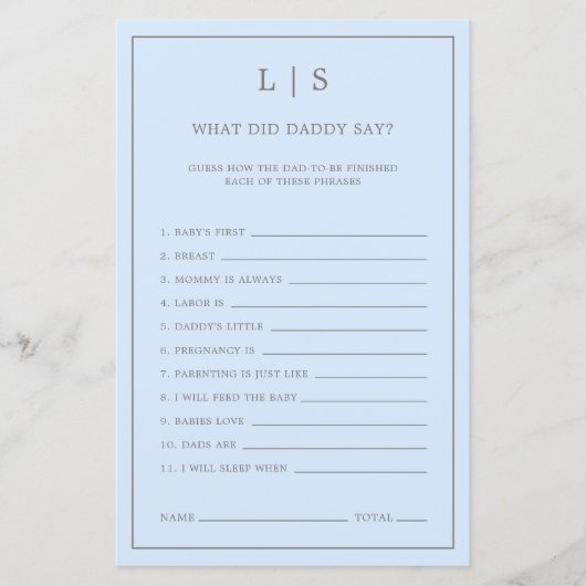 Pastel Blue wat papa zei over Baby shower Game (Voorkant)